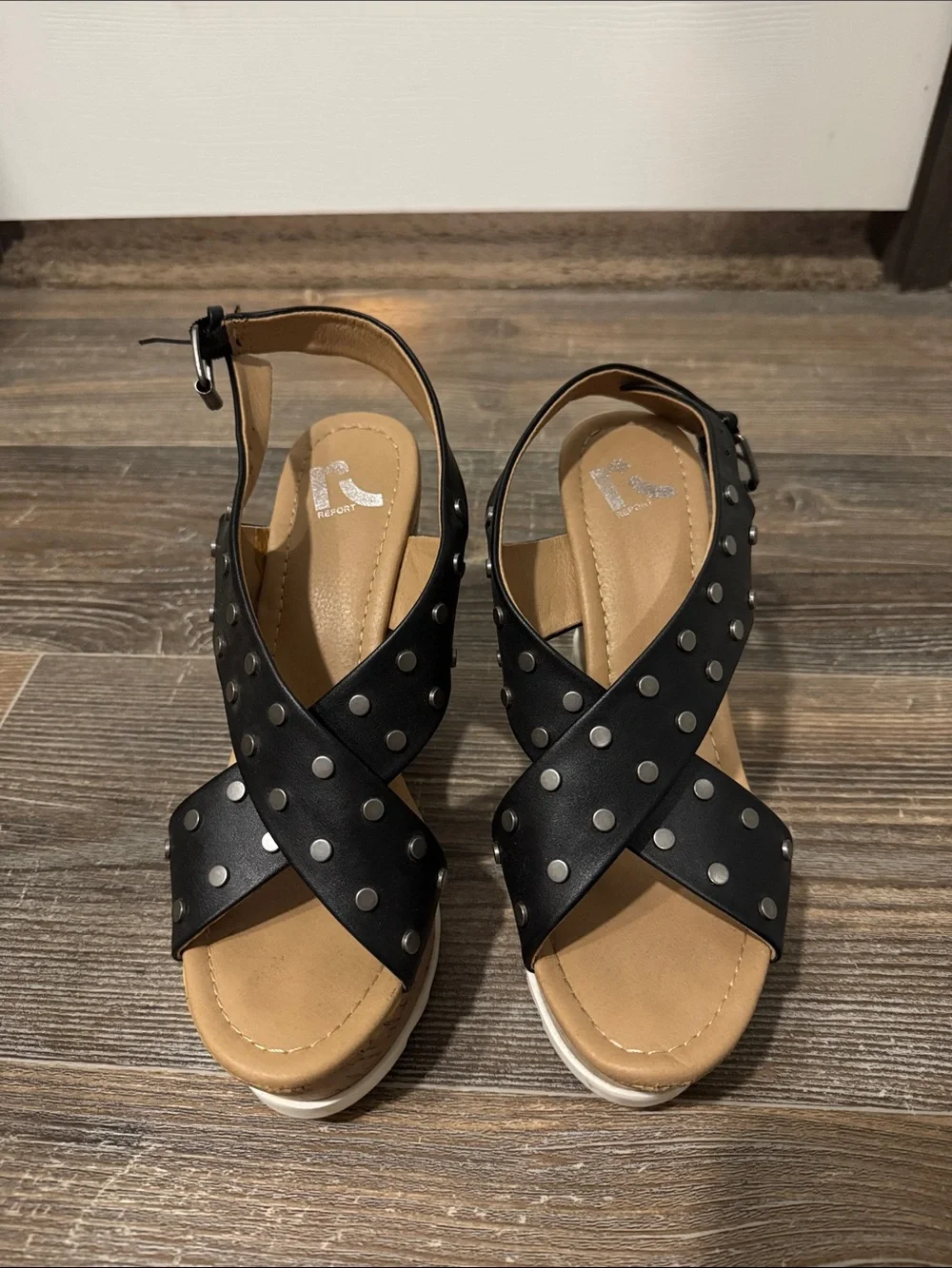 Report Black Studded Crisscross Wedge Sandals